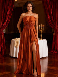 A-Line/Princess Strapless Floor-Length Wedding Guest Dresses with Pleated Satin