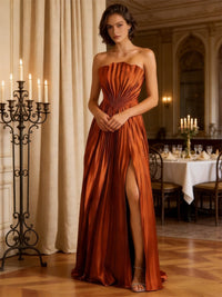 A-Line/Princess Strapless Floor-Length Wedding Guest Dresses with Pleated Satin