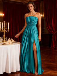 A-Line/Princess Strapless Floor-Length Wedding Guest Dresses with Pleated Satin