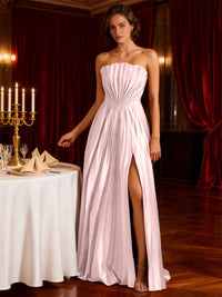 A-Line/Princess Strapless Floor-Length Wedding Guest Dresses with Pleated Satin
