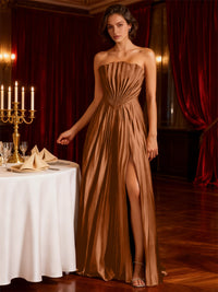A-Line/Princess Strapless Floor-Length Wedding Guest Dresses with Pleated Satin