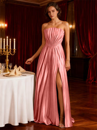 A-Line/Princess Strapless Floor-Length Wedding Guest Dresses with Pleated Satin
