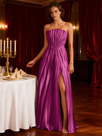 A-Line/Princess Strapless Floor-Length Wedding Guest Dresses with Pleated Satin