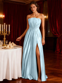 A-Line/Princess Strapless Floor-Length Wedding Guest Dresses with Pleated Satin
