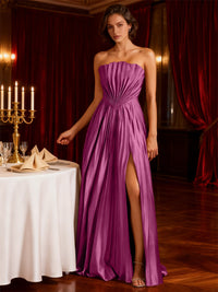 A-Line/Princess Strapless Floor-Length Wedding Guest Dresses with Pleated Satin