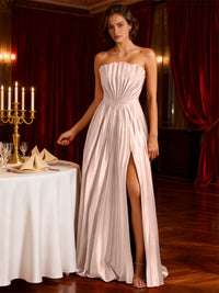 A-Line/Princess Strapless Floor-Length Wedding Guest Dresses with Pleated Satin