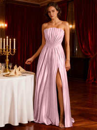 A-Line/Princess Strapless Floor-Length Wedding Guest Dresses with Pleated Satin