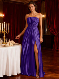 A-Line/Princess Strapless Floor-Length Wedding Guest Dresses with Pleated Satin