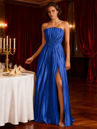 A-Line/Princess Strapless Floor-Length Wedding Guest Dresses with Pleated Satin