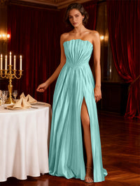 A-Line/Princess Strapless Floor-Length Wedding Guest Dresses with Pleated Satin
