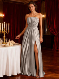 A-Line/Princess Strapless Floor-Length Wedding Guest Dresses with Pleated Satin