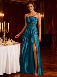 A-Line/Princess Strapless Floor-Length Wedding Guest Dresses with Pleated Satin