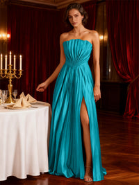 A-Line/Princess Strapless Floor-Length Wedding Guest Dresses with Pleated Satin