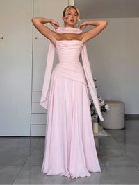 A-Line/Princess Drop Waist Floor-Length Wedding Guest Dresses with Scarf Women Formal Gowns