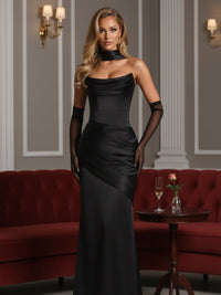 Mermaid/Trumpet Drop Waist Satin Floor-Length Wedding Guest Dresses with Scarf
