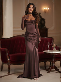 Mermaid/Trumpet Drop Waist Satin Floor-Length Wedding Guest Dresses with Scarf