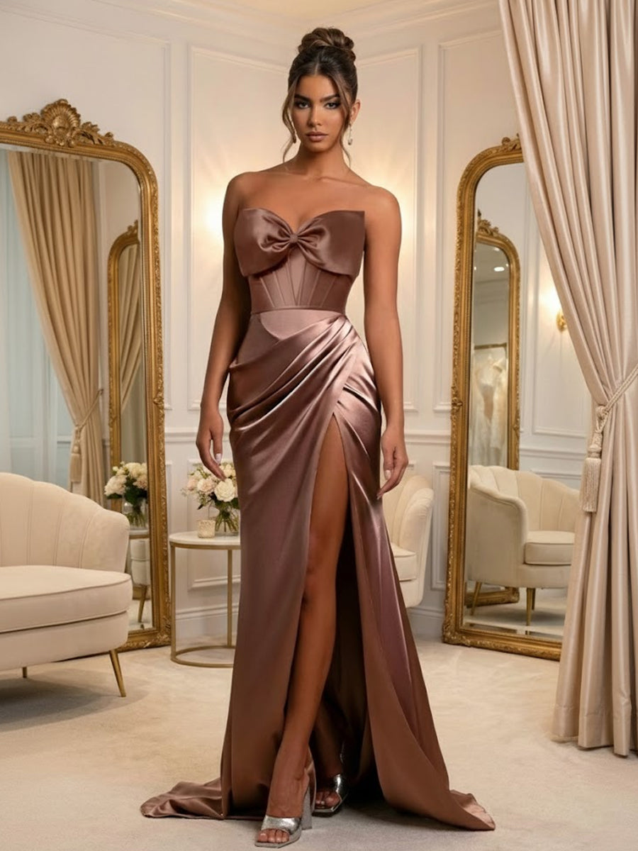 Sheath/Column Bow Waist Satin Floor-Length Evening Dresses with Ruched Slit