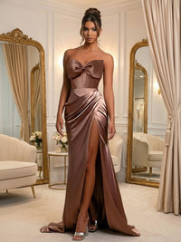 Sheath/Column Bow Waist Satin Floor-Length Evening Dresses with Ruched Slit