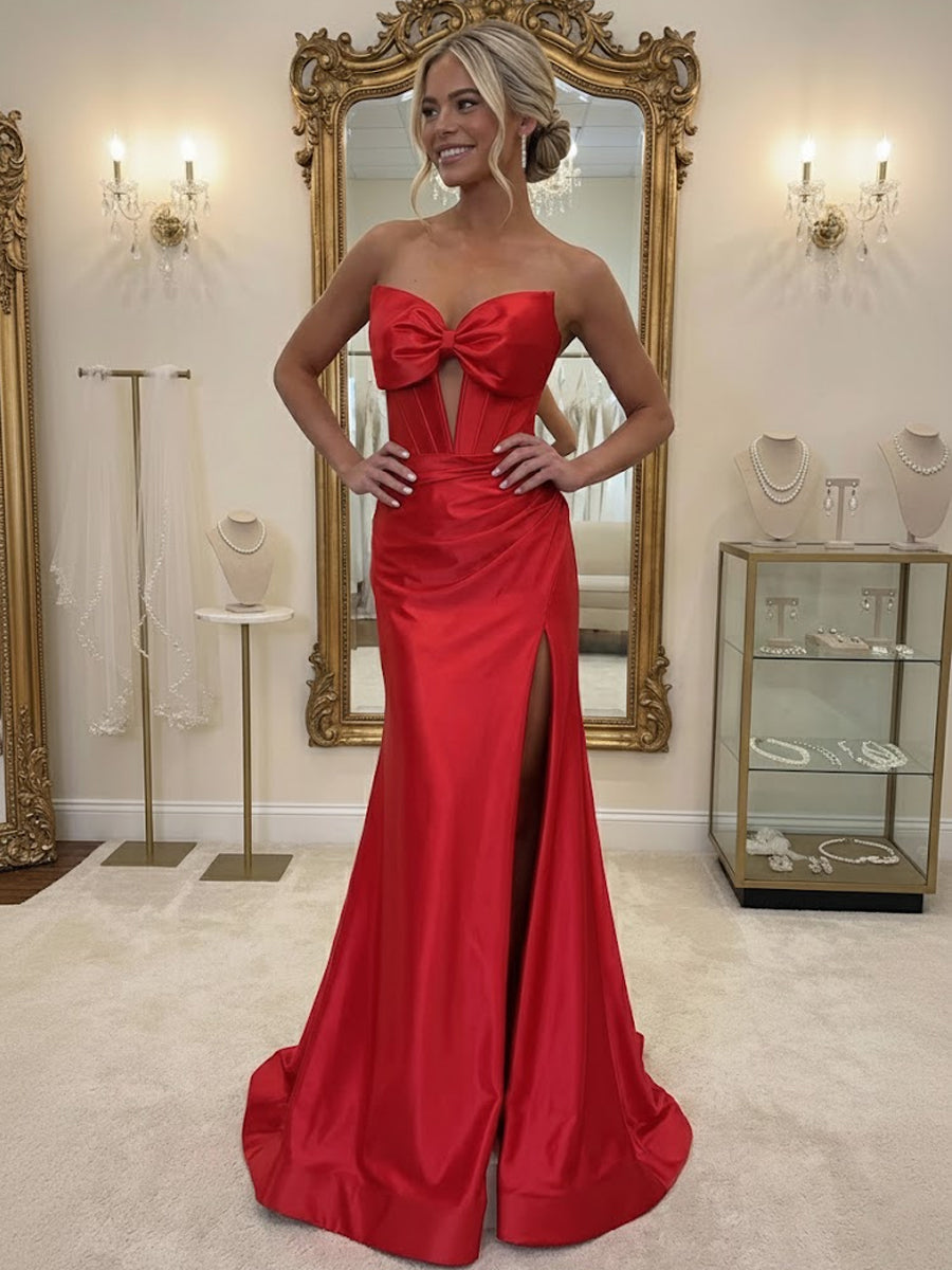 Sheath/Column Bow Waist Satin Floor-Length Evening Dresses with Ruched Slit