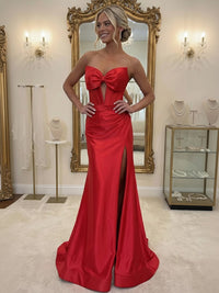 Sheath/Column Bow Waist Satin Floor-Length Evening Dresses with Ruched Slit