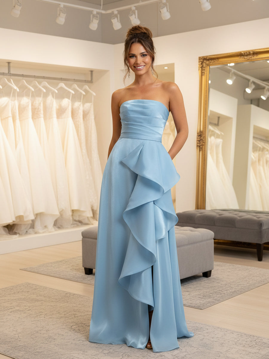 A-Line/Princess Strapless Ruched Taffeta Floor-Length Formal Dresses with Ruffle