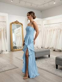 A-Line/Princess Strapless Ruched Taffeta Floor-Length Formal Dresses with Ruffle