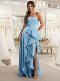 A-Line/Princess Strapless Ruched Taffeta Floor-Length Formal Dresses with Ruffle