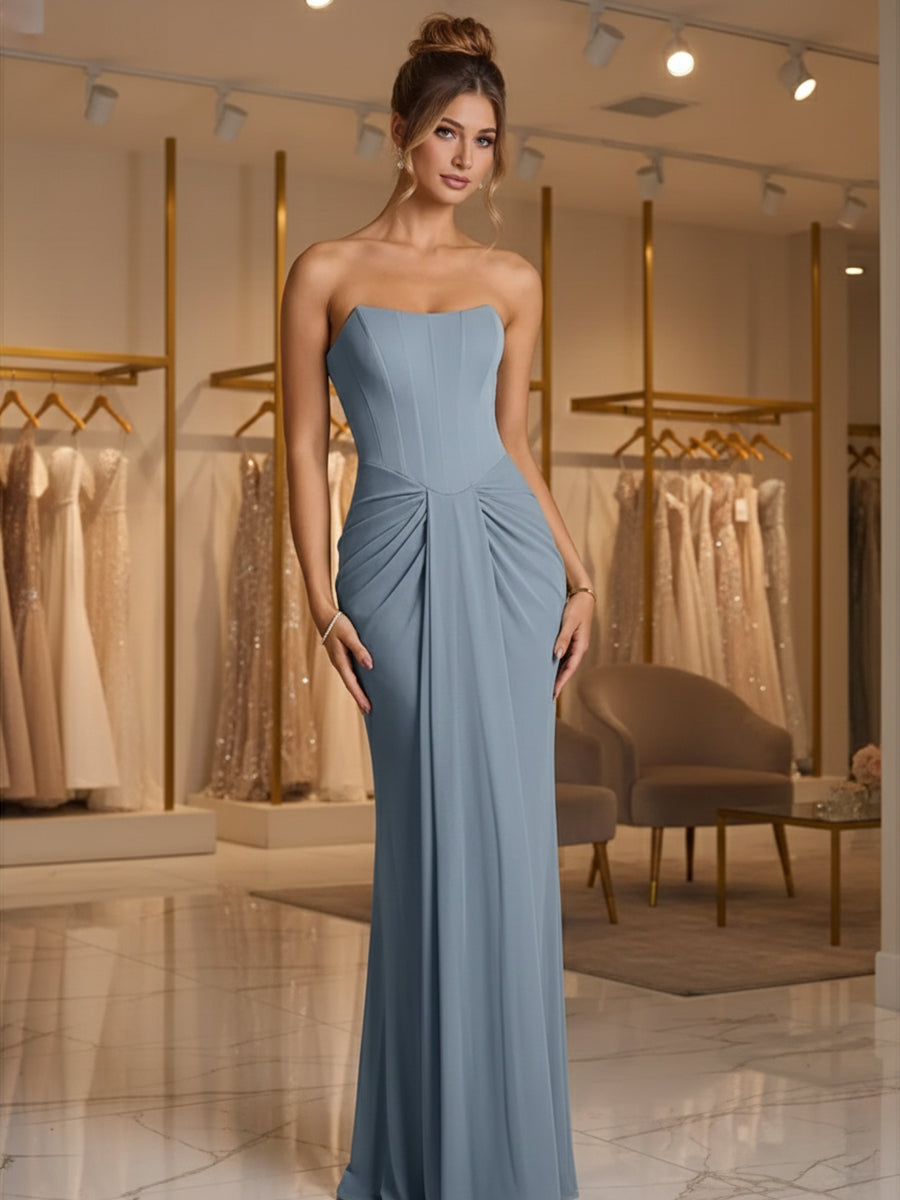 Sheath/Column Strapless Ruched Satin Floor-Length Formal Dresses