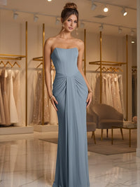Sheath/Column Strapless Ruched Satin Floor-Length Formal Dresses