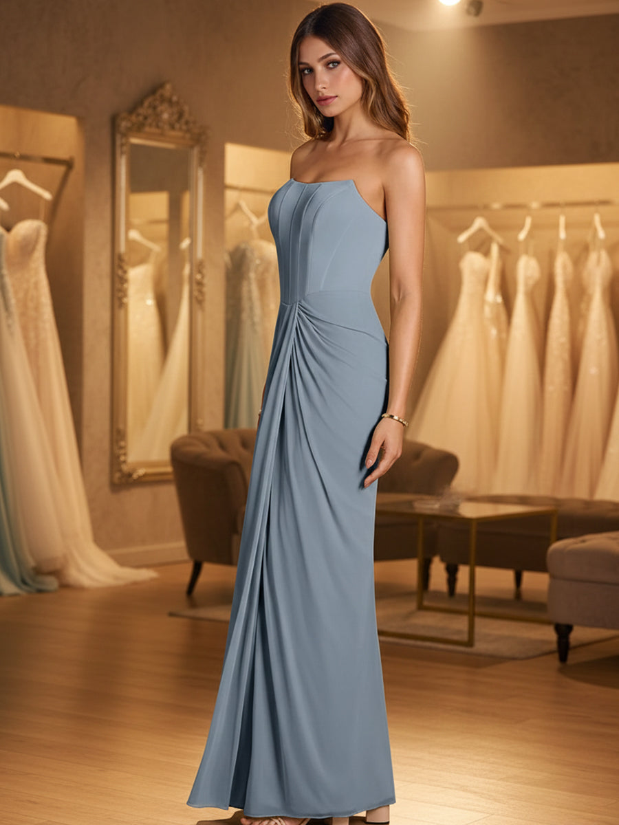Sheath/Column Strapless Ruched Satin Floor-Length Formal Dresses