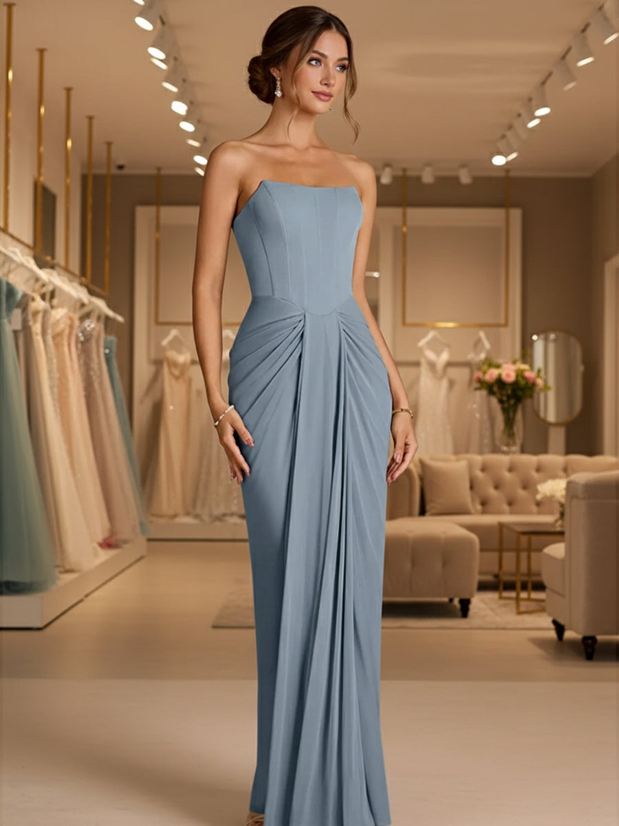 Sheath/Column Strapless Ruched Satin Floor-Length Formal Dresses