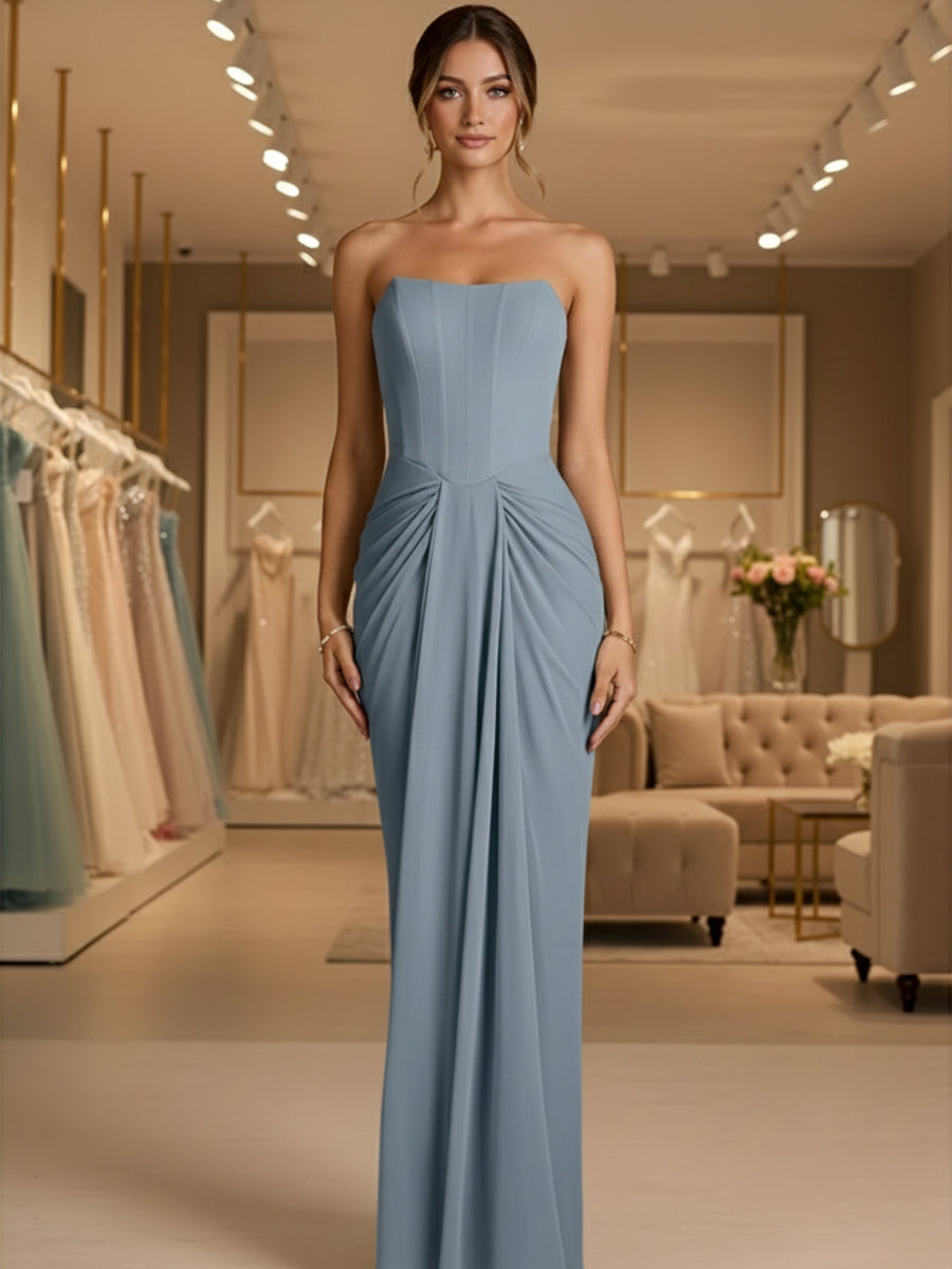 Sheath/Column Strapless Ruched Satin Floor-Length Formal Dresses