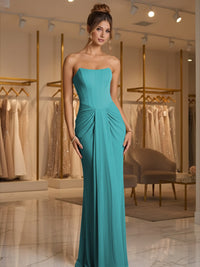 Sheath/Column Strapless Ruched Satin Floor-Length Formal Dresses
