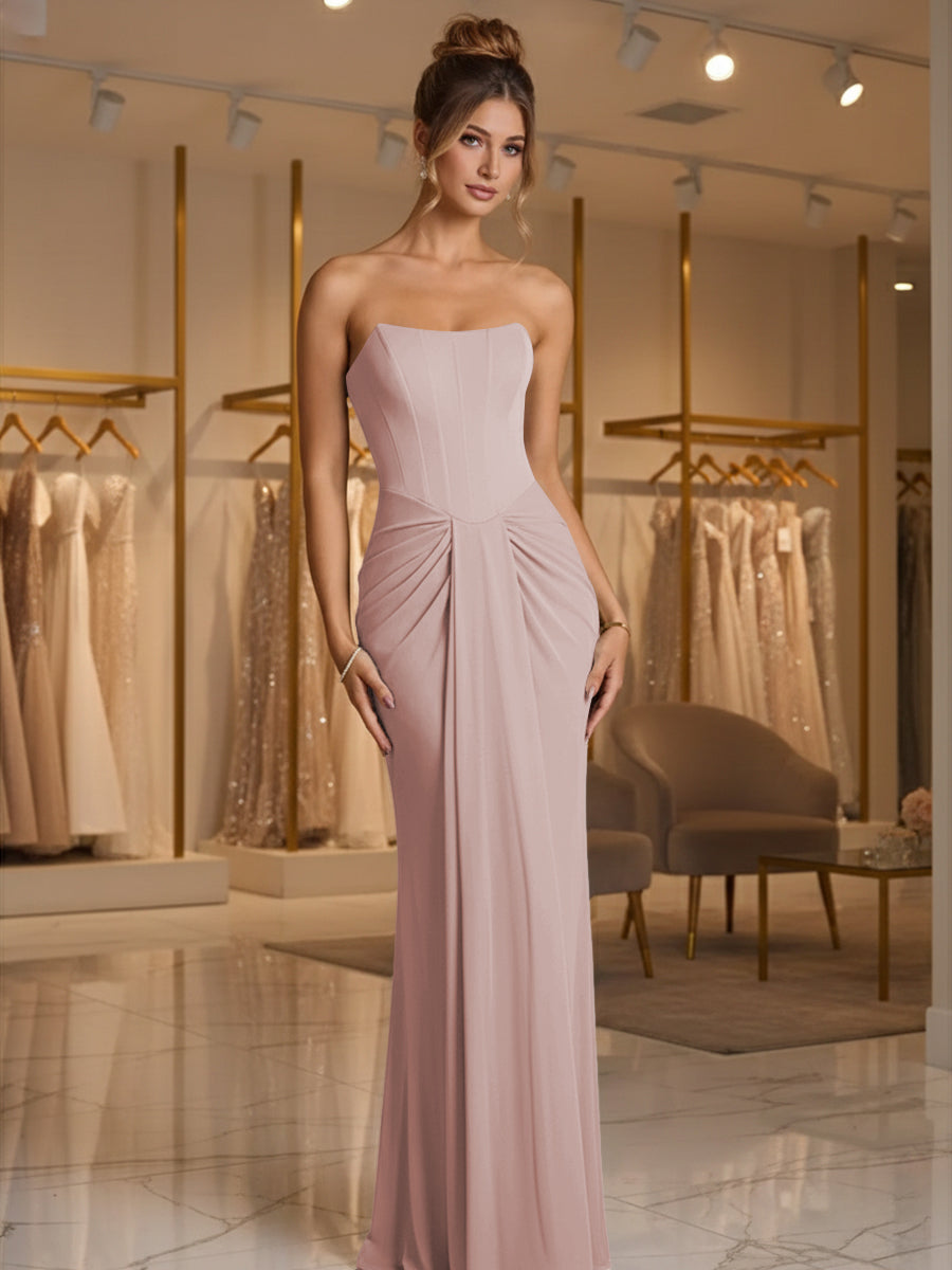 Sheath/Column Strapless Ruched Satin Floor-Length Formal Dresses