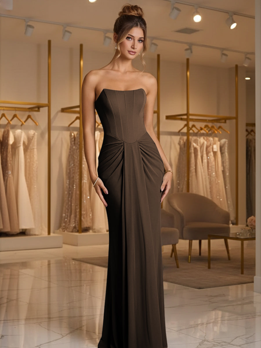 Sheath/Column Strapless Ruched Satin Floor-Length Formal Dresses
