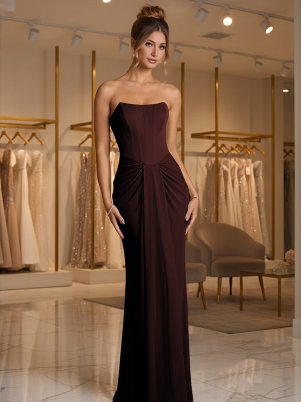 Sheath/Column Strapless Ruched Satin Floor-Length Formal Dresses
