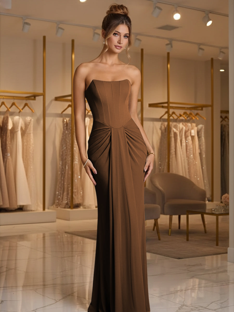 Sheath/Column Strapless Ruched Satin Floor-Length Formal Dresses