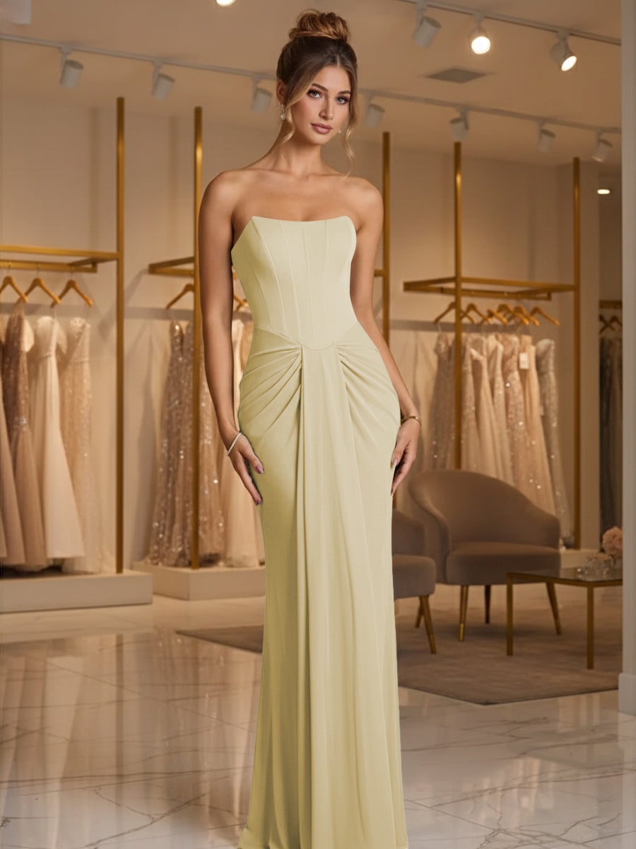 Sheath/Column Strapless Ruched Satin Floor-Length Formal Dresses