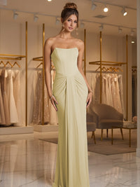 Sheath/Column Strapless Ruched Satin Floor-Length Formal Dresses