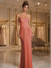 Sheath/Column Strapless Ruched Satin Floor-Length Formal Dresses