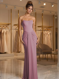 Sheath/Column Strapless Ruched Satin Floor-Length Formal Dresses