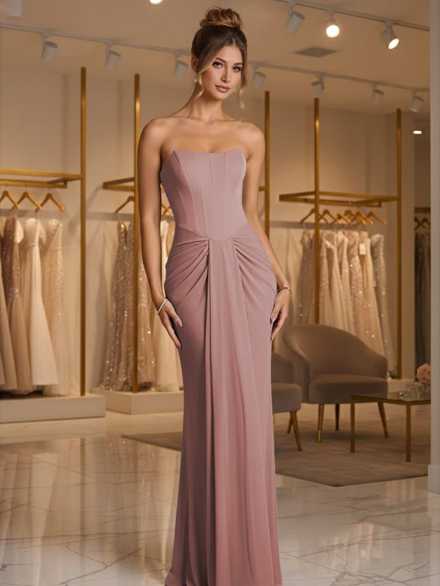 Sheath/Column Strapless Ruched Satin Floor-Length Formal Dresses