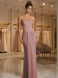 Sheath/Column Strapless Ruched Satin Floor-Length Formal Dresses