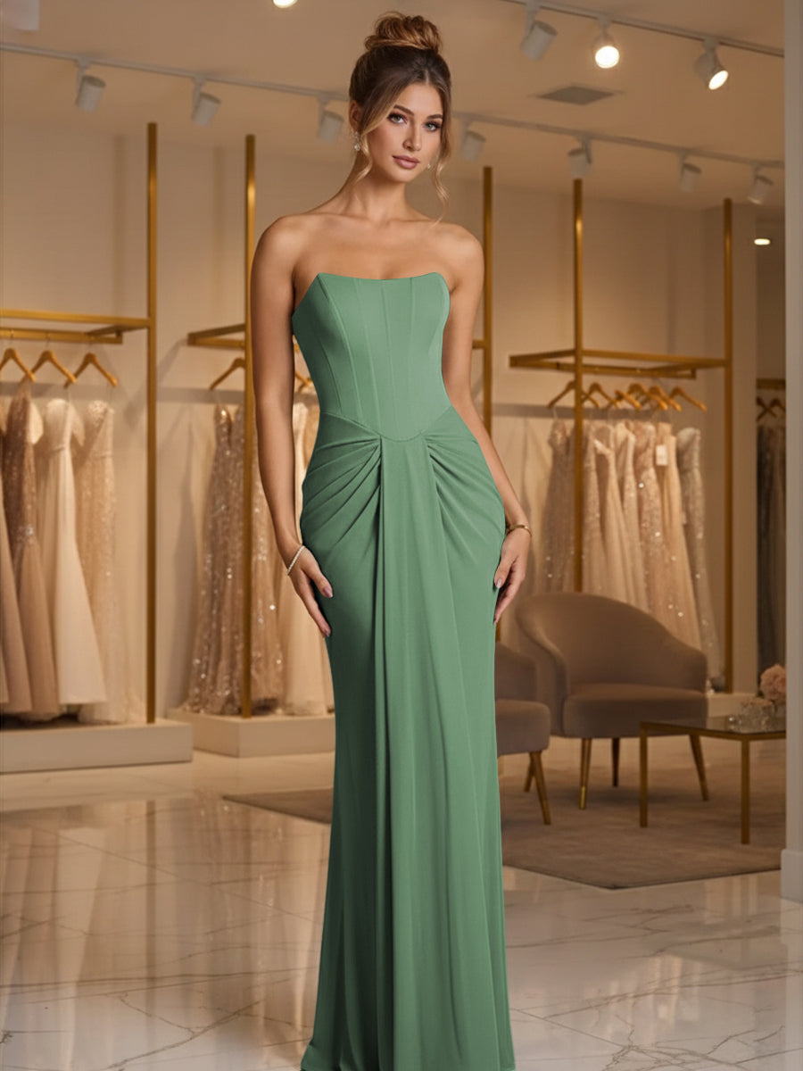 Sheath/Column Strapless Ruched Satin Floor-Length Formal Dresses