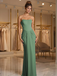 Sheath/Column Strapless Ruched Satin Floor-Length Formal Dresses