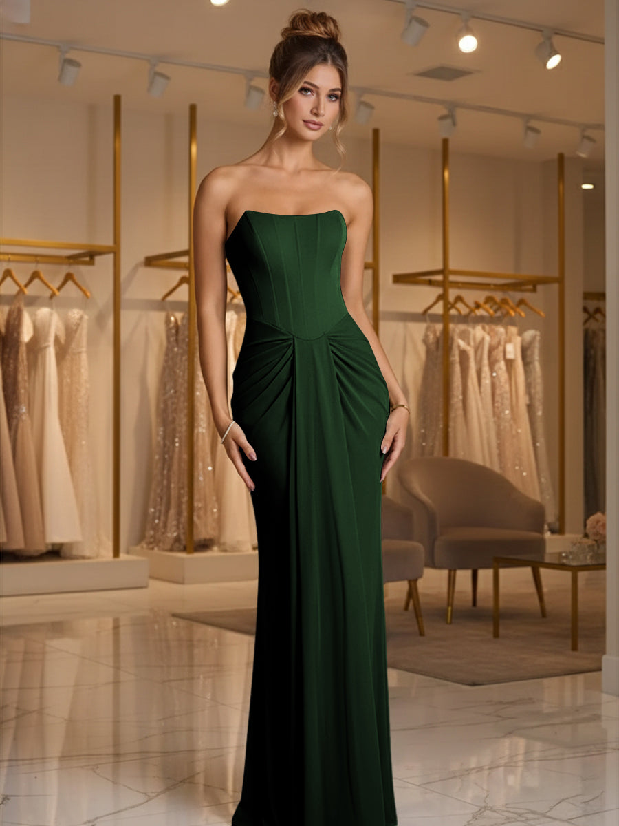 Sheath/Column Strapless Ruched Satin Floor-Length Formal Dresses