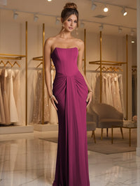 Sheath/Column Strapless Ruched Satin Floor-Length Formal Dresses