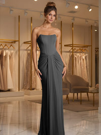 Sheath/Column Strapless Ruched Satin Floor-Length Formal Dresses
