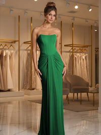 Sheath/Column Strapless Ruched Satin Floor-Length Formal Dresses