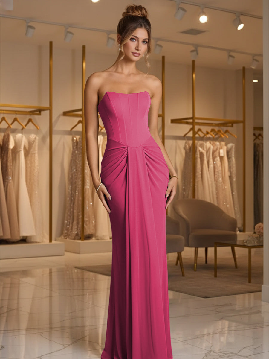 Sheath/Column Strapless Ruched Satin Floor-Length Formal Dresses